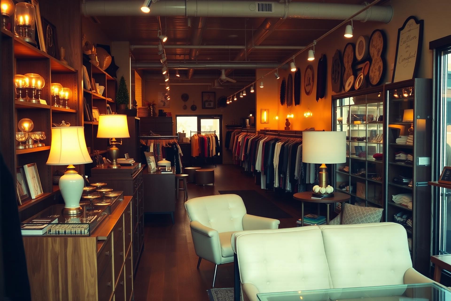 Inside Grand Resale, lamps glowing on shelves of curated treasures